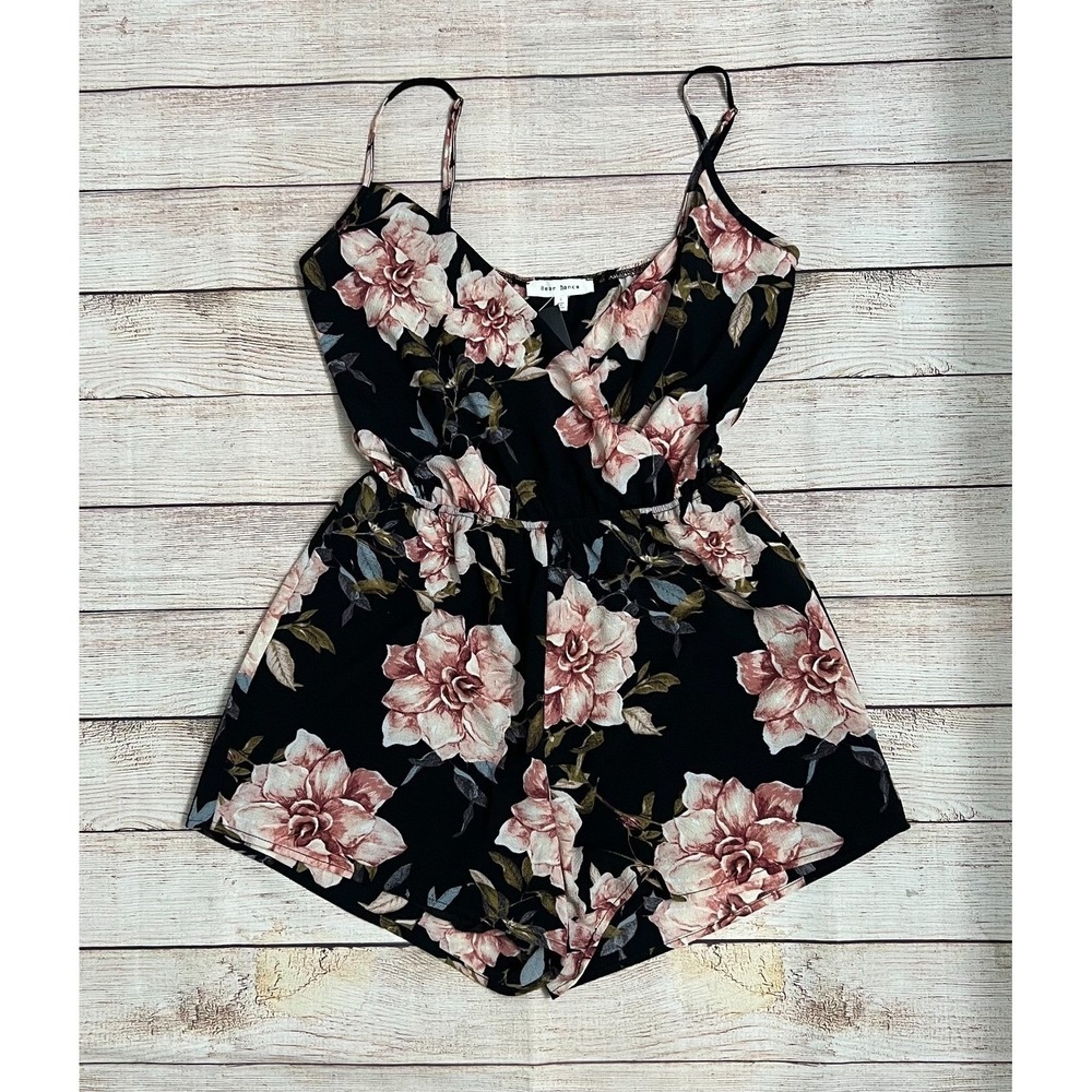 Bear Dance Romper Small Black Pink Floral V-Neck Adjustable Straps Elastic waist